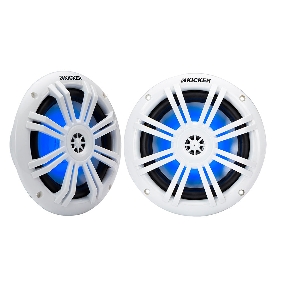 KICKER KM60 6.5" Marine Coaxial Speakers w/1/2" Tweeters - 4-Ohm, White w/Blue LED [49KM604WL]